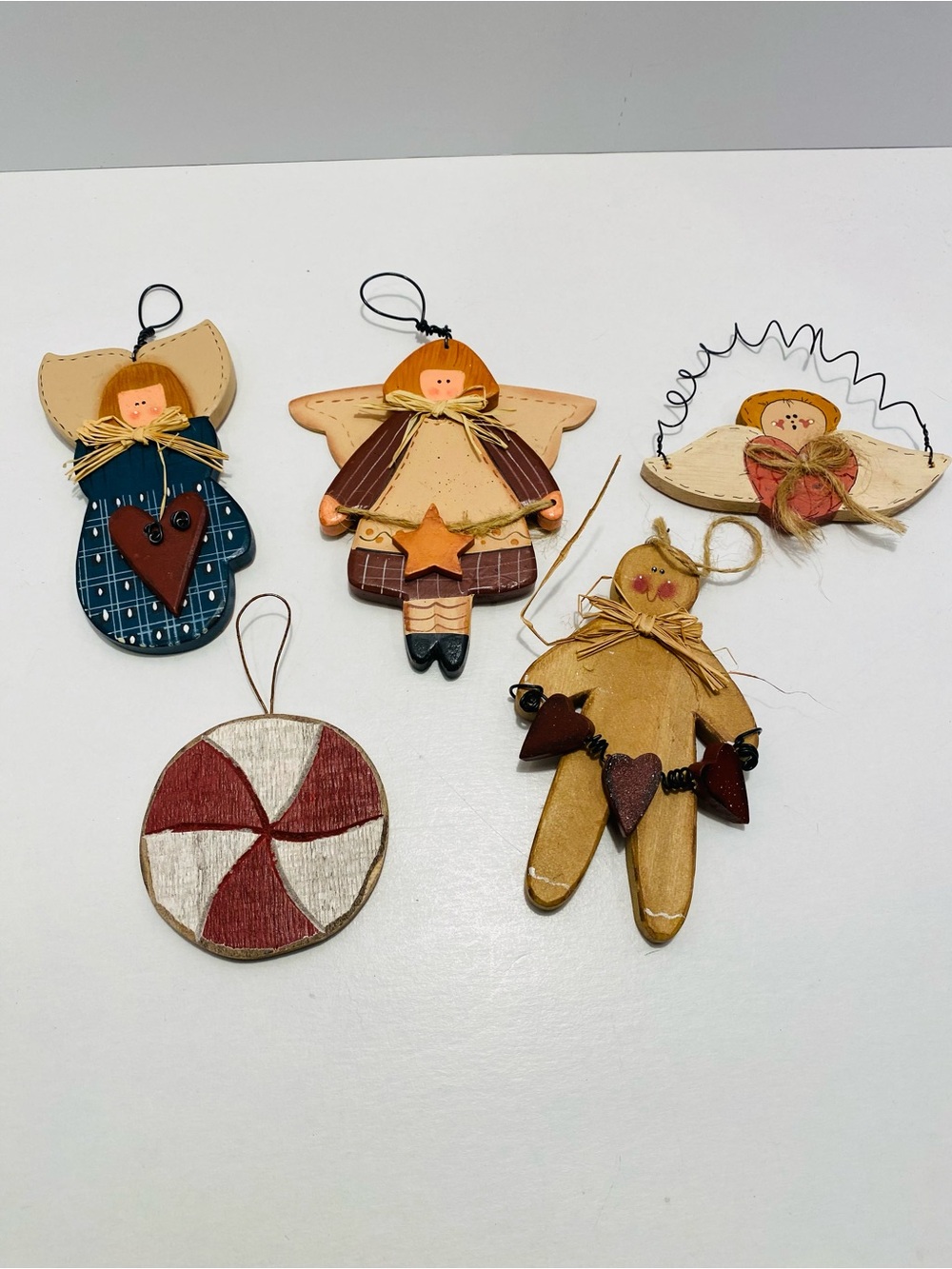 5 Handcrafted Rustic Holiday Angel and Gingerbread Wood Ornaments VINTAGE